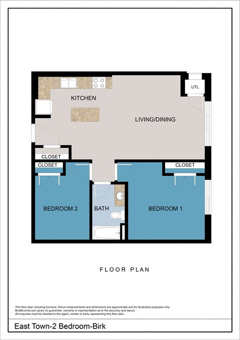 Floor plan for 2 beds, 1 bath, 870 sqft